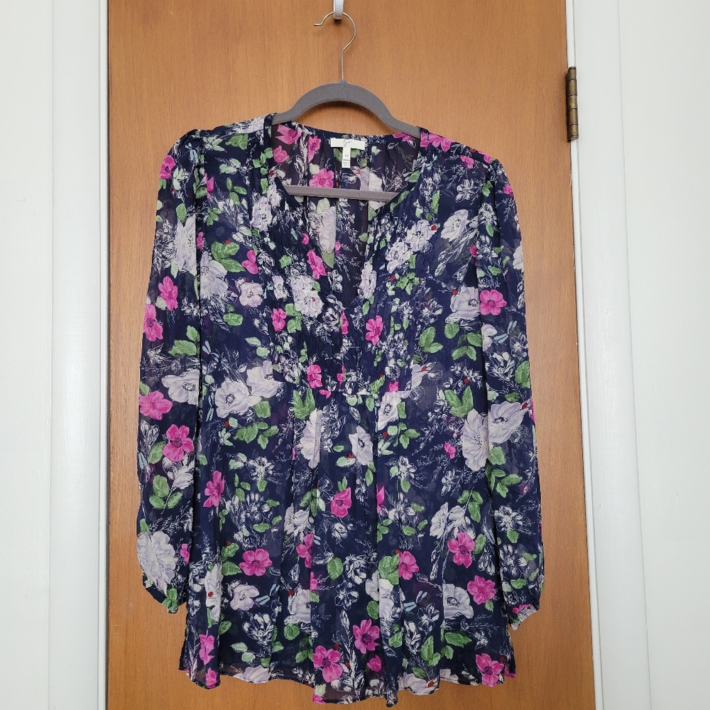 Joie sheer 100% silk floral dragonfly ladybug tunic blouse. Beautiful & flowy